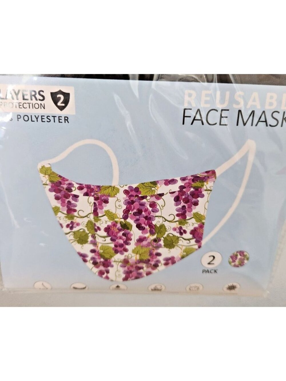 Mask Grapes Design Adult 2 pack 2 layers 100 % Polyester Washable Primeware
